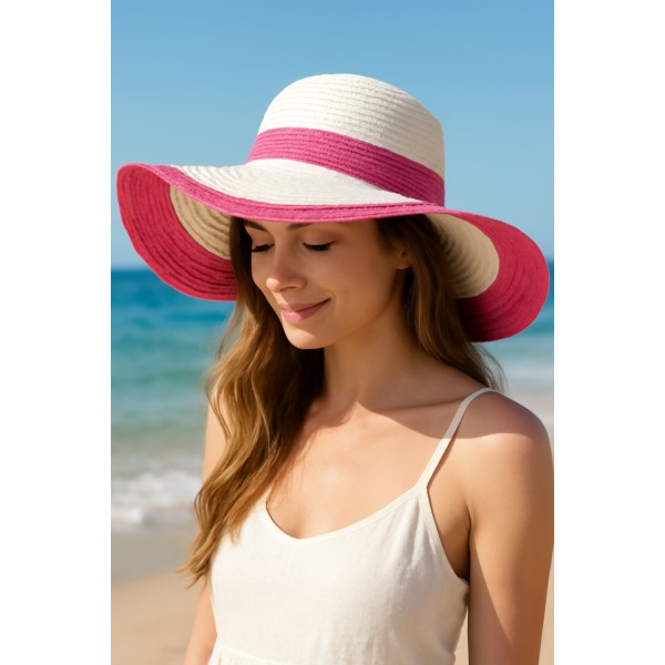 Wide Brim Straw Hat w/ Color Stripes - Fuchsia - HT-SHT2324FU